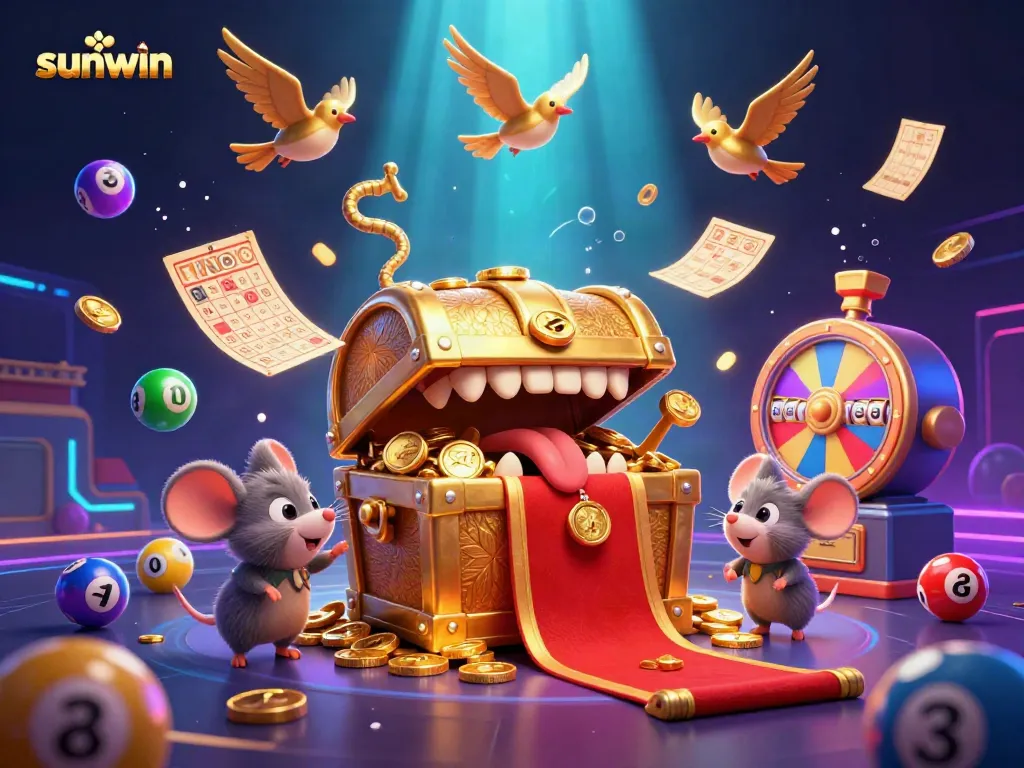 Engage with sunwin in a vibrant 3D casino scene featuring a treasure chest, slot reels, and lottery elements.