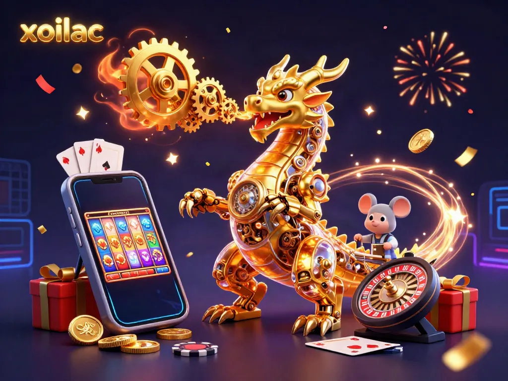 Xoilac slot gaming illustration showcasing a golden dragon and game elements in vibrant detail.