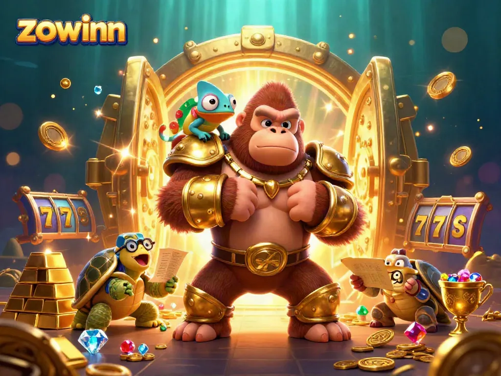 Track your winnings with Zowinn's vibrant 3D illustration featuring a gorilla king and treasures.