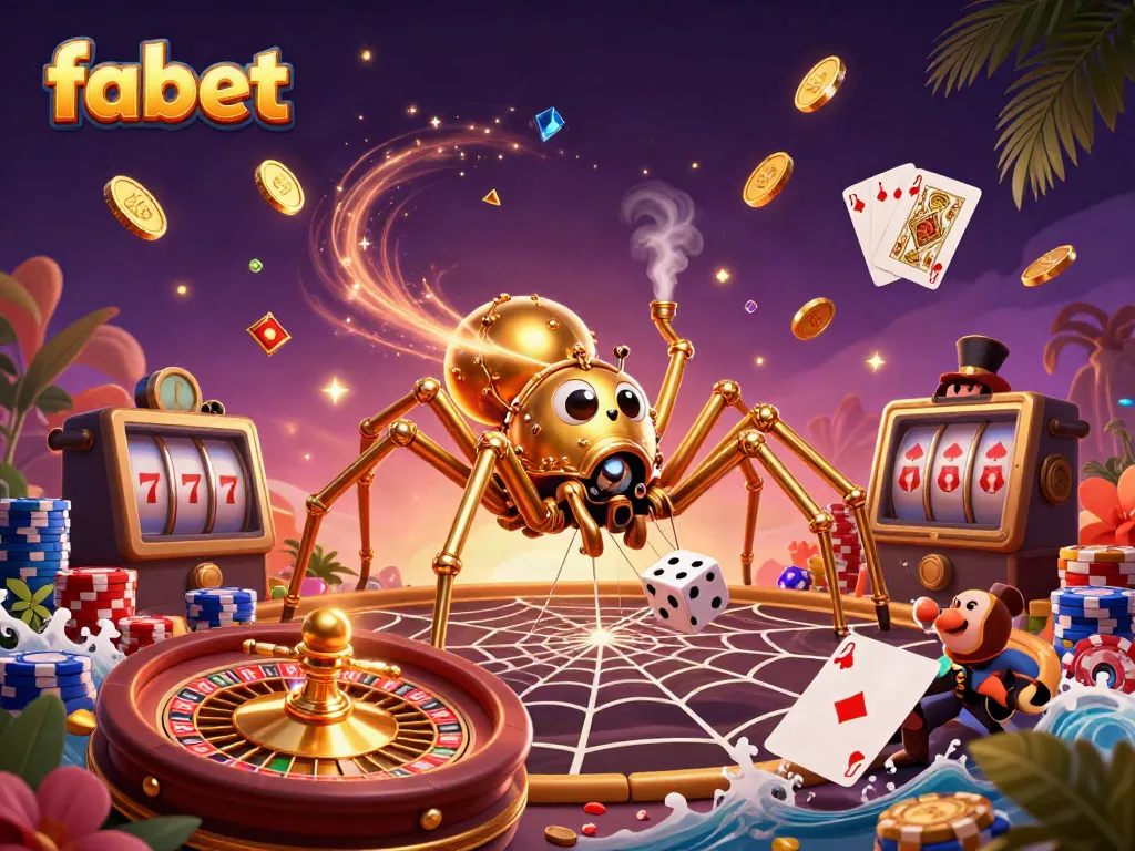 Experience fabet's world of gaming with a steampunk spider and vibrant casino elements.
