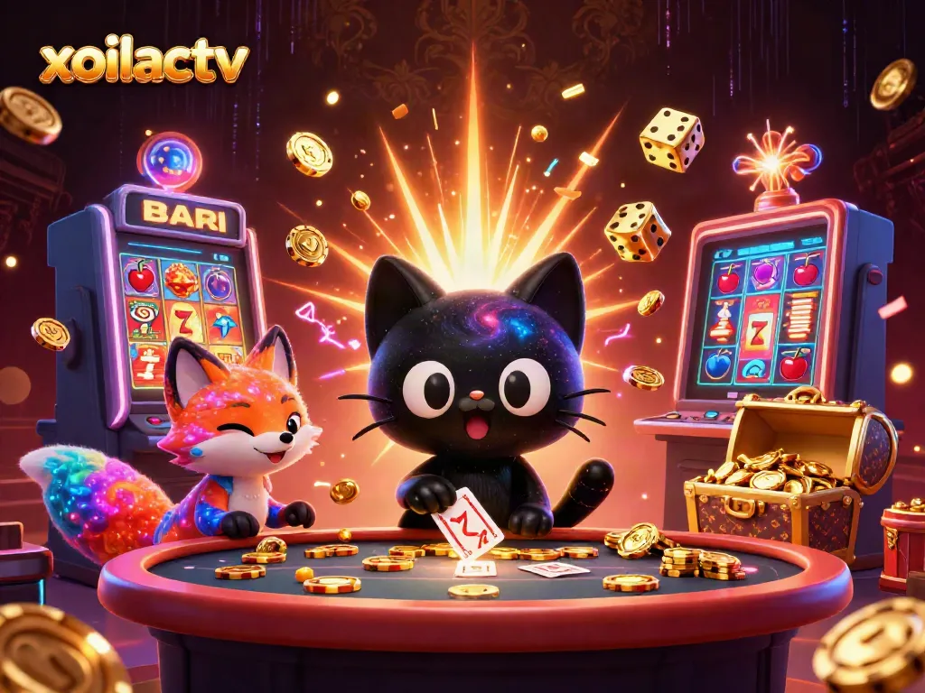 Xoilactv features a cosmic casino scene with a black hole cat and colorful fox along with vibrant gaming elements.