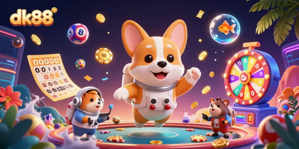 Experience the thrill of dk88 gaming with vibrant characters and dynamic casino elements in a 3D illustration.