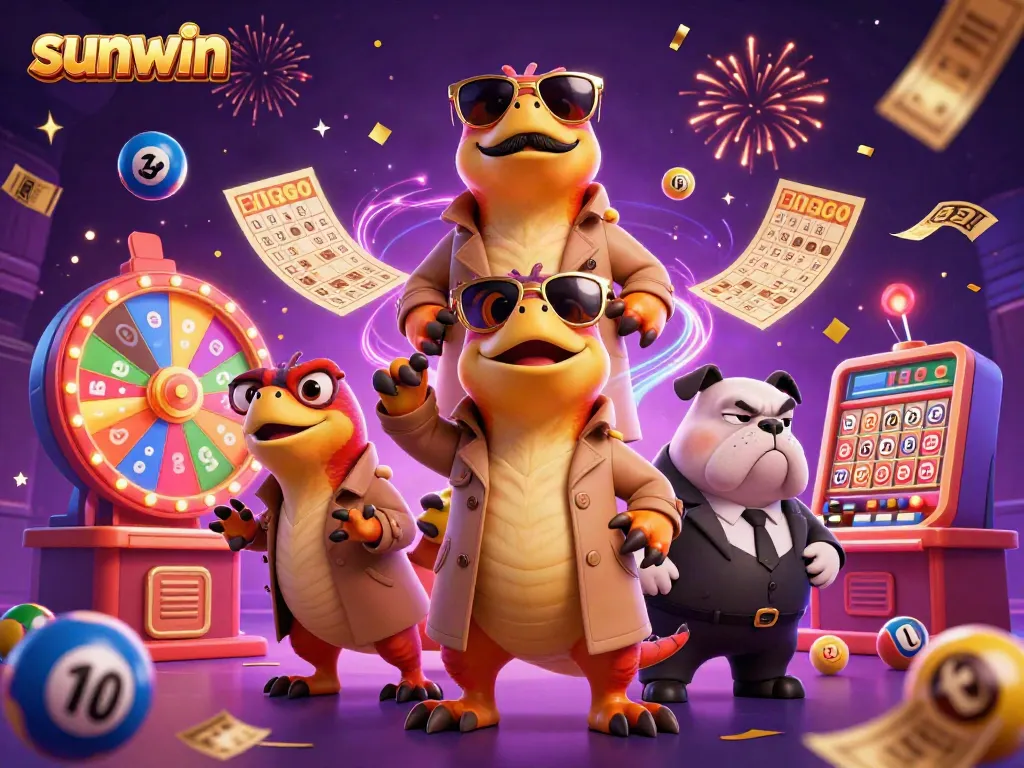 Watch the playful sunwin raptors humorously trying to enter a casino lounge while lottery elements burst around them.