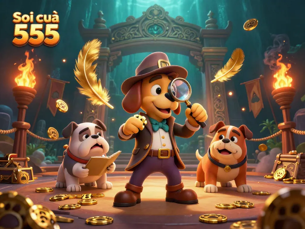 Engage in the thrilling world of Soi cầu 555 with a detective revealing golden poker clues surrounded by dynamic gambling elements.