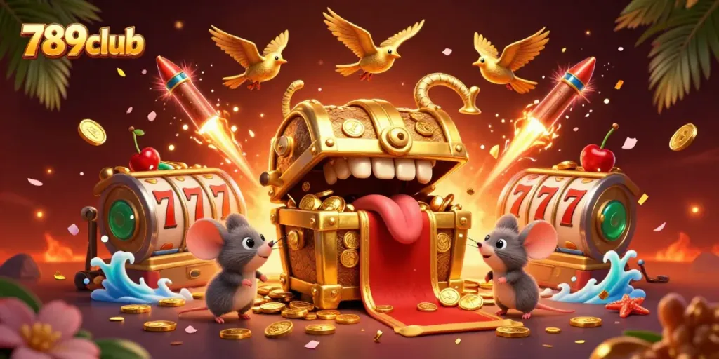 Engage with 789club as adventurer mice are lured by a treasure chest in an exciting casino scene.