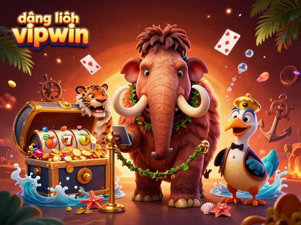 Experience exciting đăng nhập vipwin with a colorful 3D casino scene featuring a woolly mammoth bouncer.