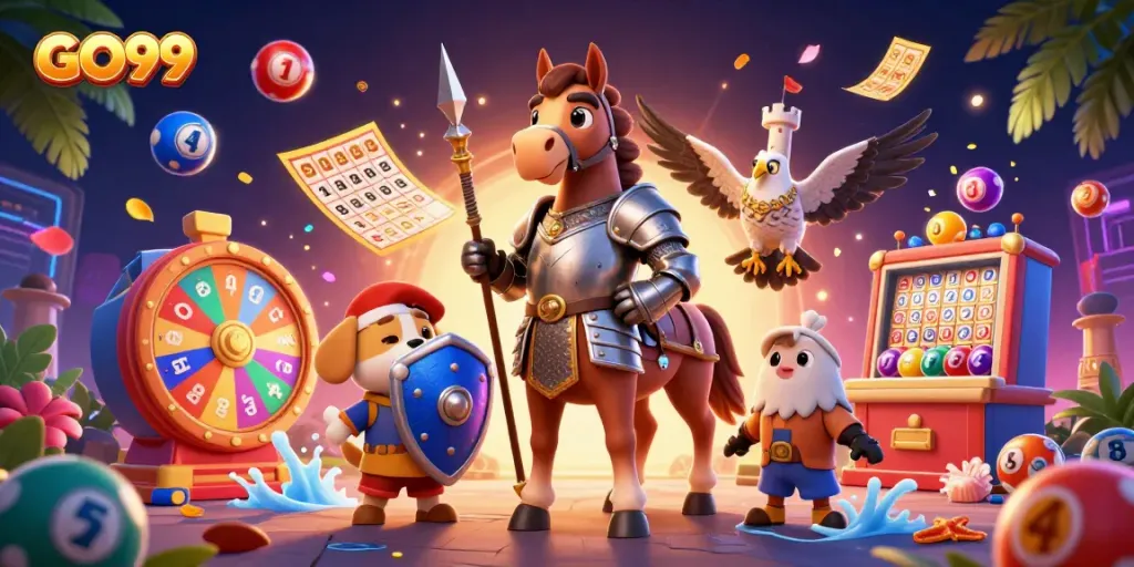Experience thrilling action with GO99 as a knight and squire navigate lottery madness in an immersive casino scene.