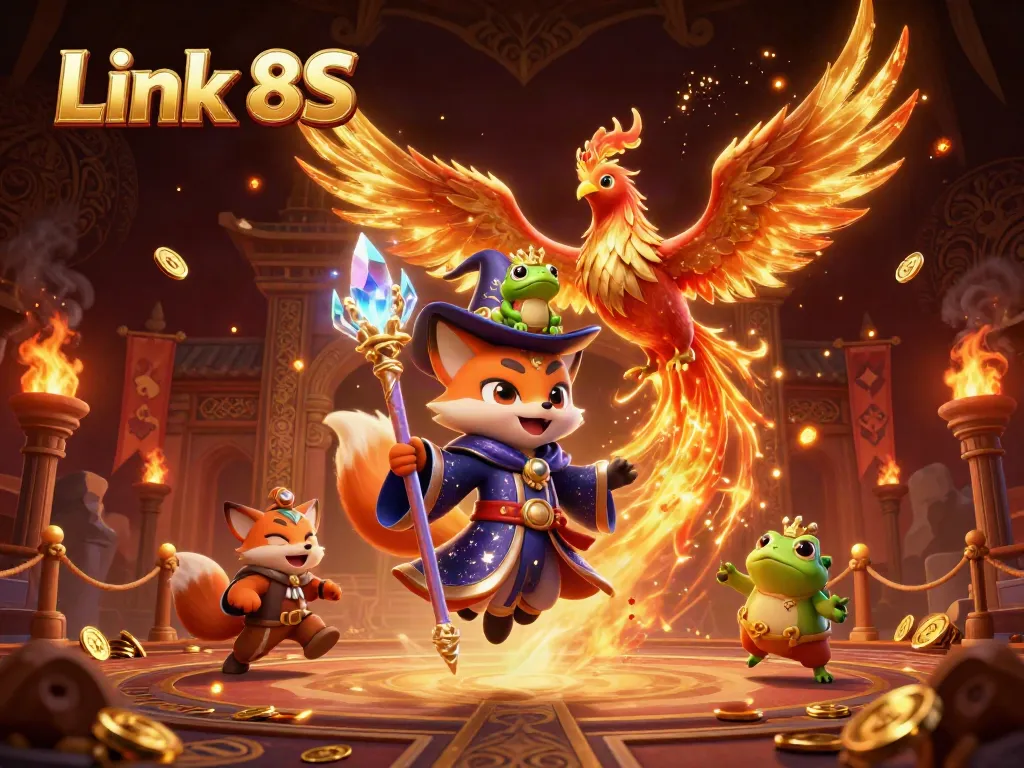 Engage in thrilling action with Link 8S at the mystical casino featuring vibrant characters and gold elements.