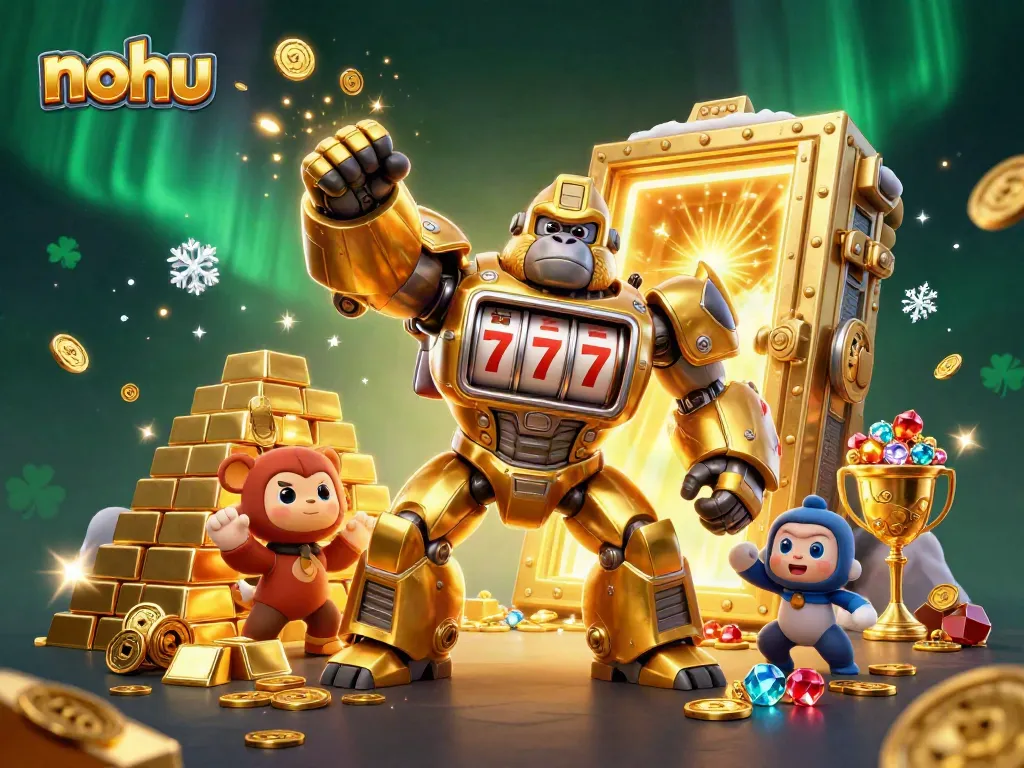 Experience the thrill of nohu as a golden gorilla mech bursts with coins amid a treasure-filled explosion.