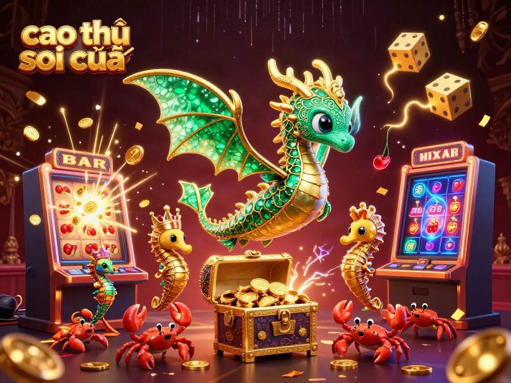 Cao thủ soi cầu adorns a lively 3D scene with a sea dragon and slot symbols bursting with treasures.