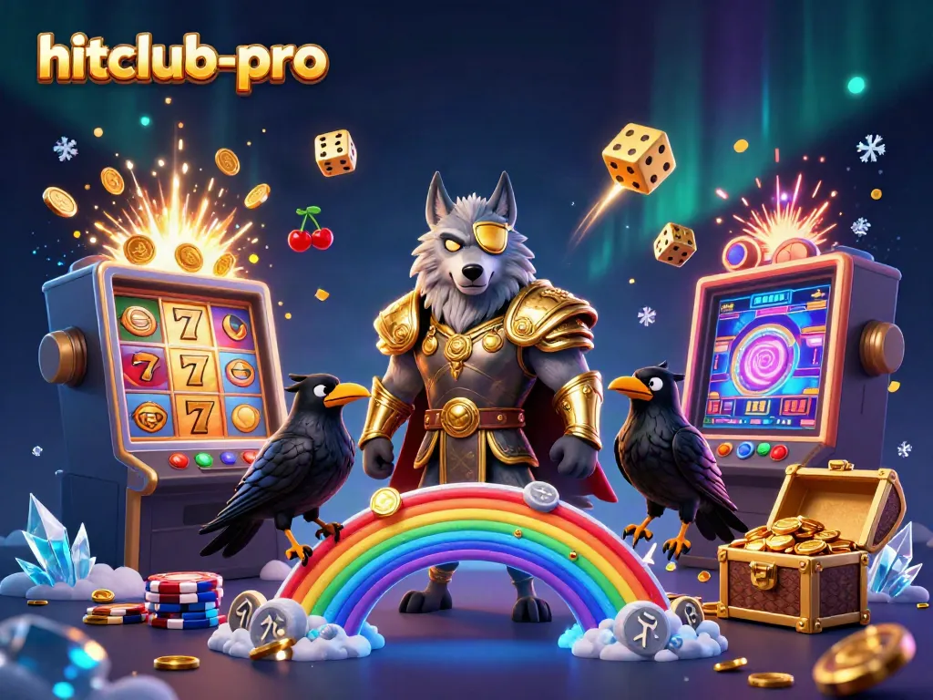 Hitclub-pro ultimate jackpot scene with Odin wolf, ravens, and vibrant casino elements.