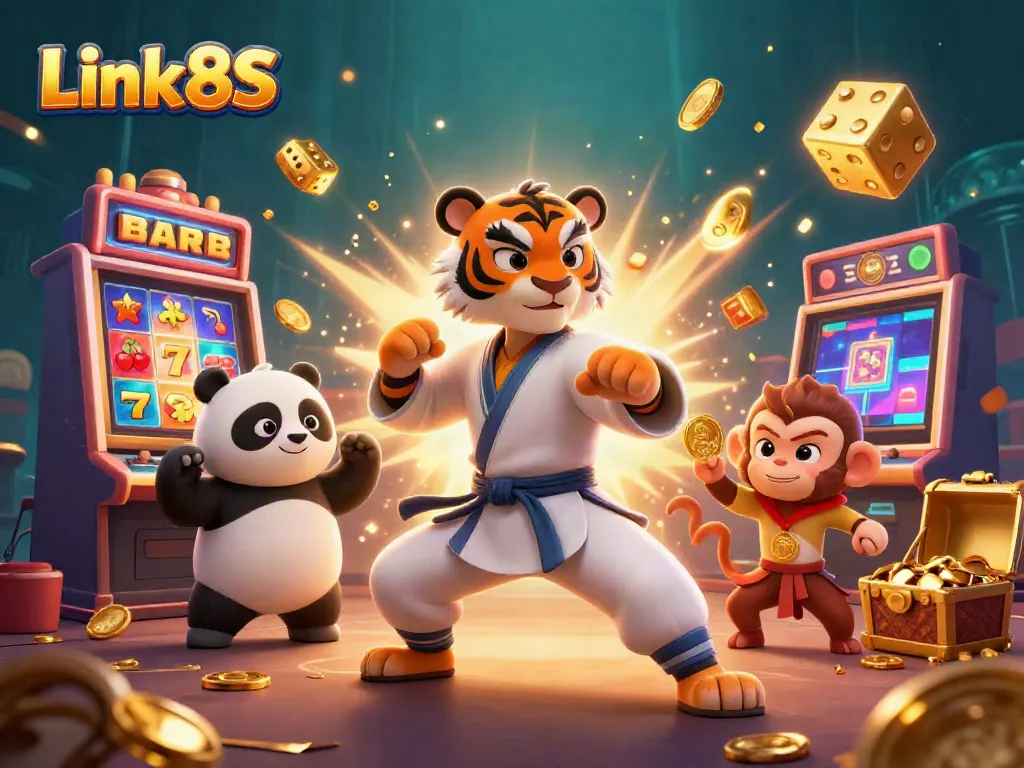 Experience the excitement of Link 8S with a fun-filled casino scene featuring engaging characters and dynamic game elements.