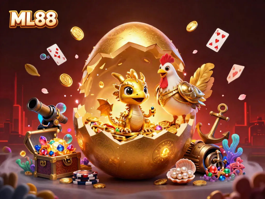 The ML88 fish shooting game features a vivid scene with a golden baby dragon and poker chips, emphasizing exciting underwater treasures.
