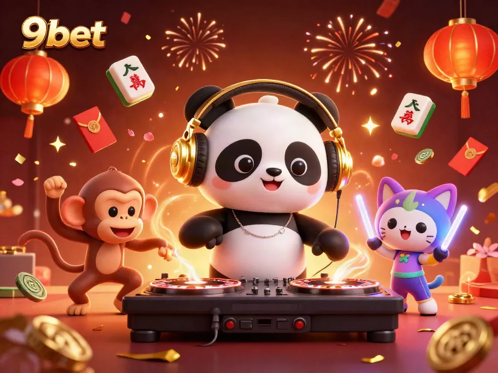 Engage in thrilling gaming with 9bet amidst dancing characters and festive decorations.