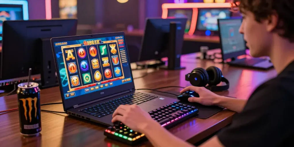 Excited player enjoying online slot88 game on modern laptop with vibrant graphics and gaming setup.