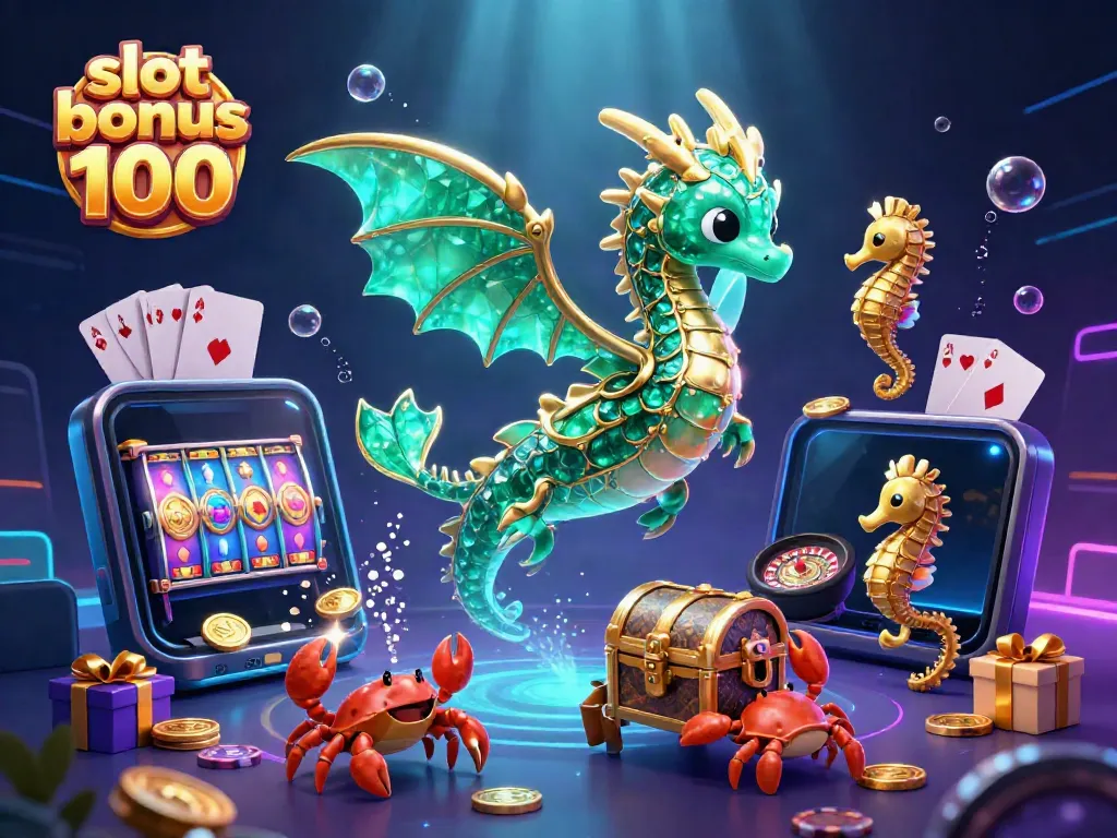 Experience the excitement of slot bonus 100 with a vibrant gaming scene featuring a dragon and treasure.