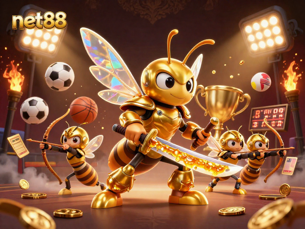 Engage in sports betting excitement with net88's dynamic 3D casino illustration, featuring a giant hornet and action-packed elements.