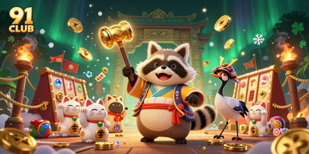 Engage with 91 CLUB for superior gaming, featuring a cheerful tanuki and vibrant elements.
