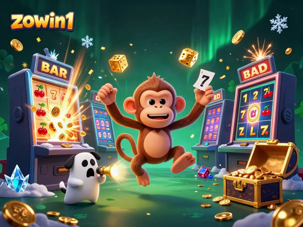 Witness the enchanting world of zowin1 as a mischievous monkey juggles golden casino treasures in a haunted atmosphere.
