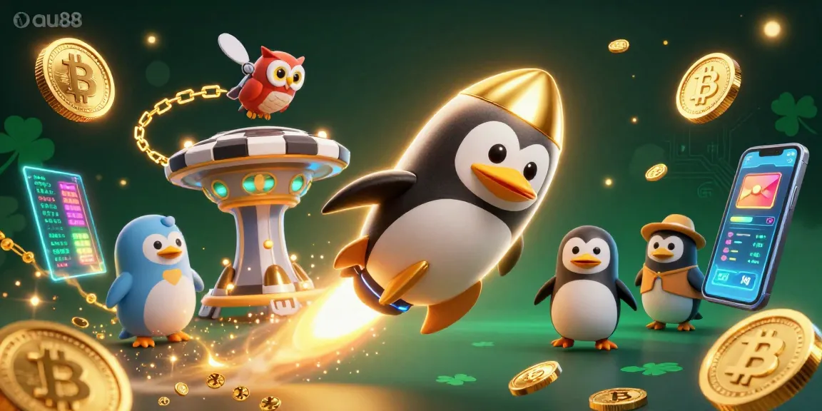 Play at au88 with a vibrant scene featuring golden penguins and crypto elements for a thrilling casino experience.