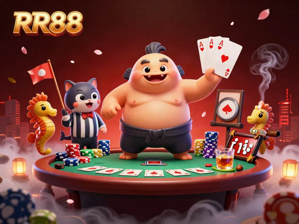 Experience the thrilling excitement of RR88 with a lively underwater poker scene featuring a blowfish sumo and seahorse spectators.