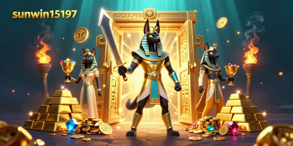 Experience epic wins with sunwin15197 in vibrant 3D casino adventure featuring Anubis and treasures.