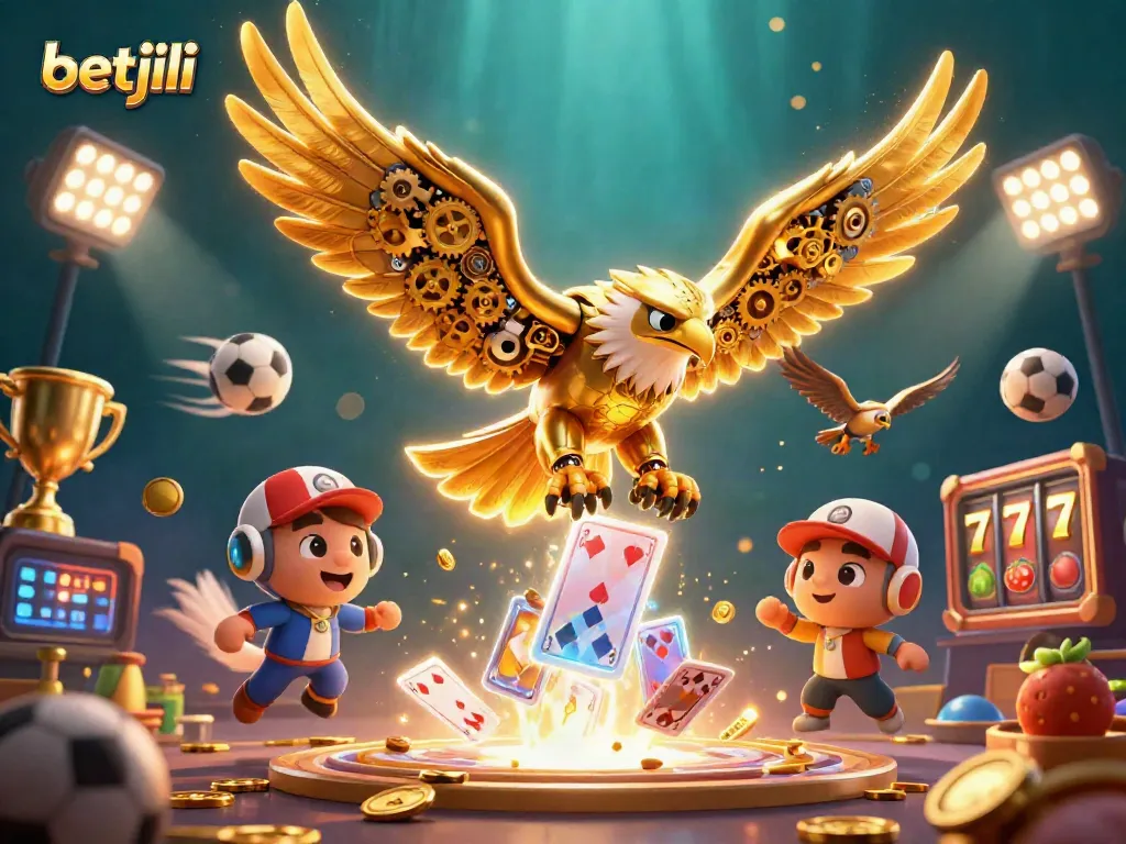 Experience thrilling gameplay with betjili, vibrant 3D imagery of a cybernetic eagle soaring through the gaming world.