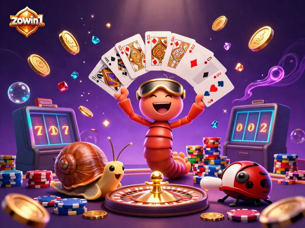 Experience the thrill at zowin1 with a vibrant casino scene featuring a cartoon millipede dealer and high-roller snail.