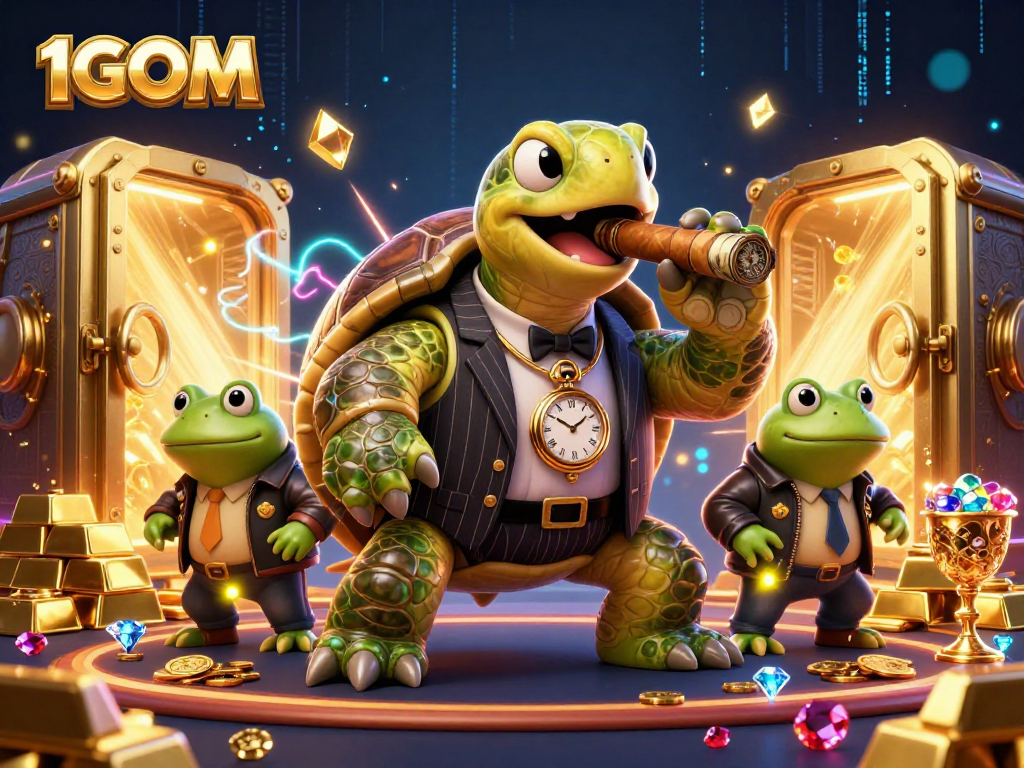 Bet on 1GOM with a giant treasure vault opening, gemstones, and rich casino elements.
