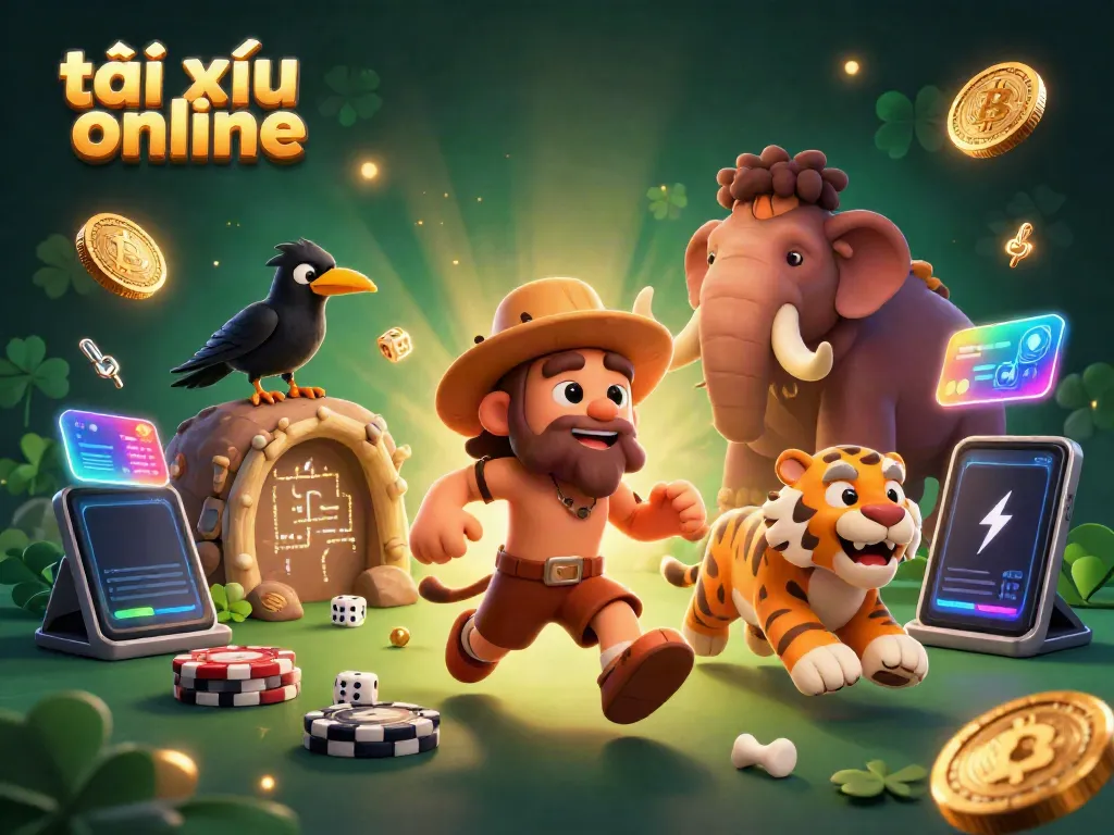 Experience the thrill of tài xỉu online with vibrant caveman casino scene featuring neon crypto coins.