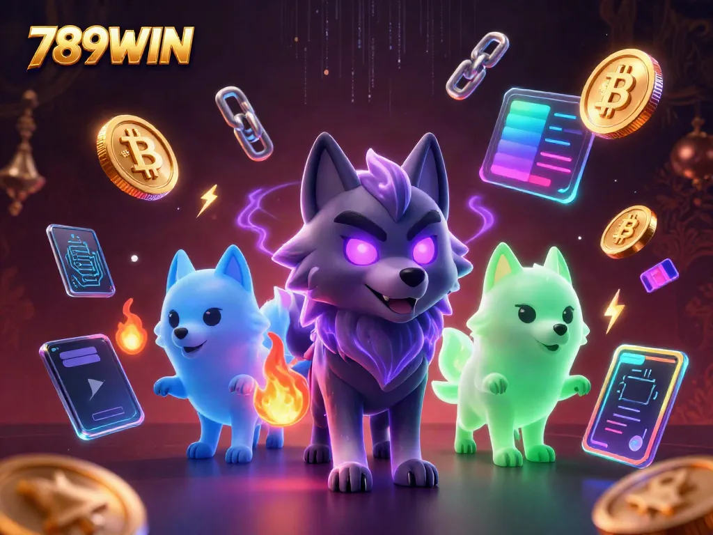 Experience thrilling gameplay with 789WIN in a captivating casino illustration featuring shadow wolves and cryptocurrencies.