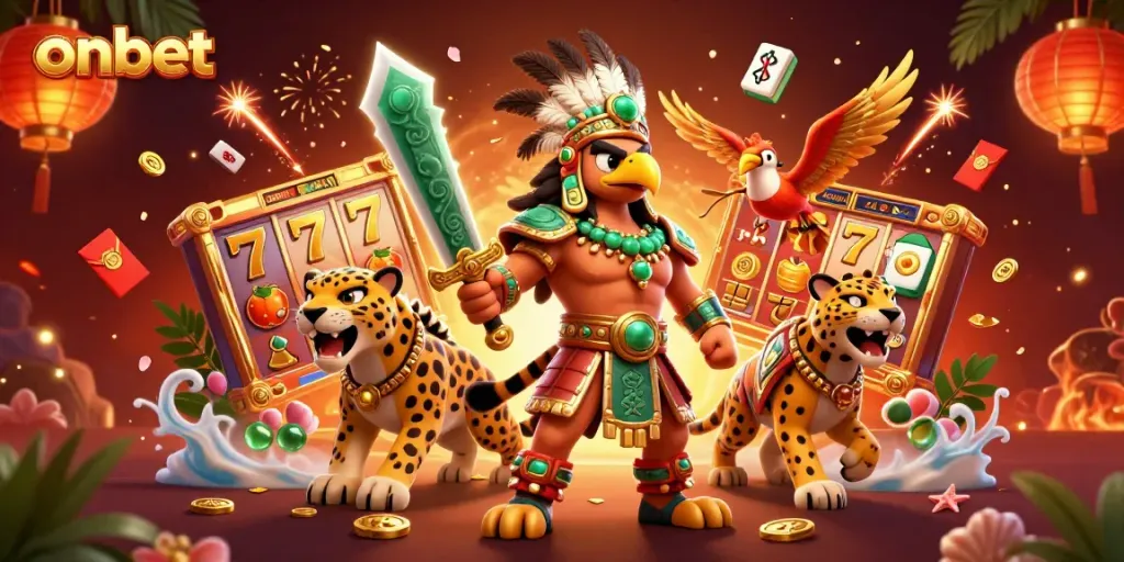 Experience thrilling gaming at onbet with vibrant slot reels and dynamic characters in action.
