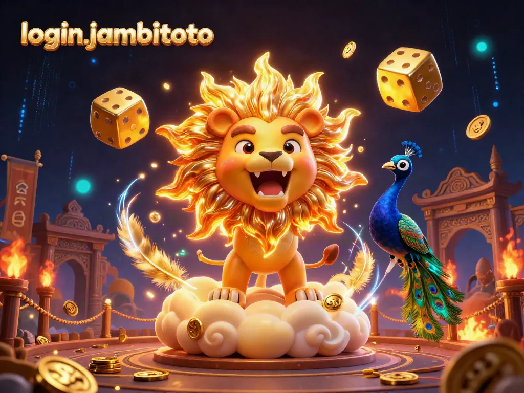 Join the adventure to login jambitoto with a roaring golden lion amidst epic gambling elements.