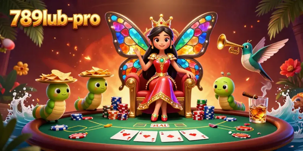 Experience the vibrant world of 789lub-pro with a colorful casino scene featuring a butterfly queen and poker elements.