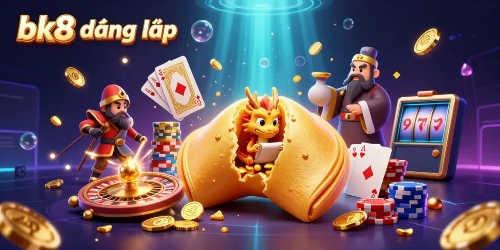 Experience the thrill of bk8 đăng nhập with golden fortune cookies, dragon wisdom, and vibrant casino elements.