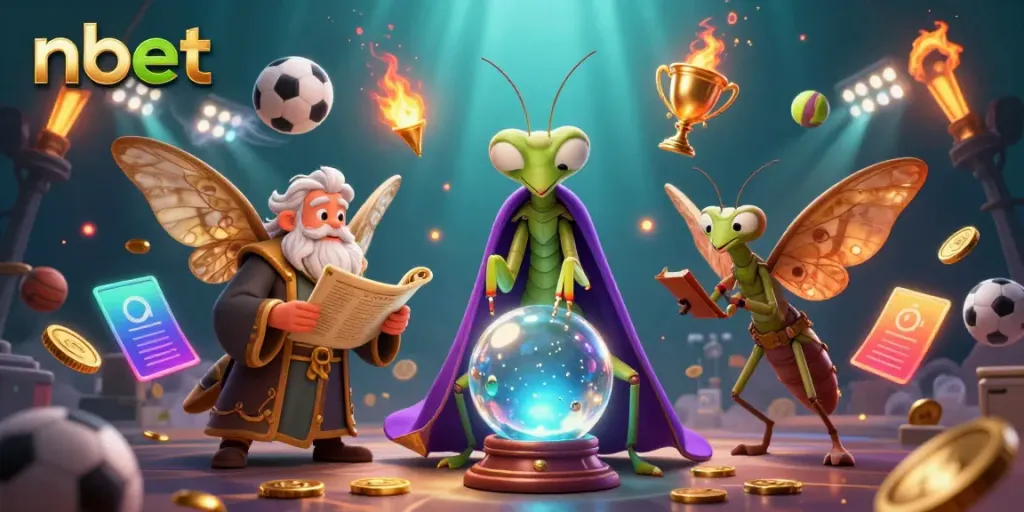 Engage with nbet strategies in a vibrant 3D casino world featuring a mystical mantis and sports elements.