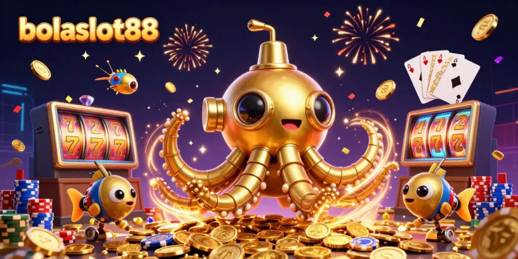 Experience the thrill of winning with bolaslot88, featuring golden kraken and slot machine elements.