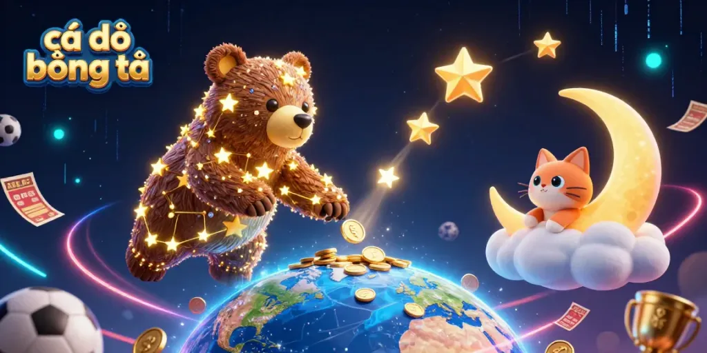 Bet on cá độ bóng đá with a vibrant 3D illustration showcasing sports action and dynamic elements.