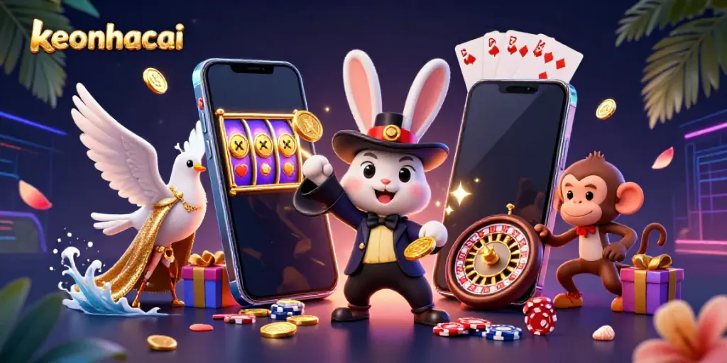 Engage in gaming excitement at keonhacai with a magician rabbit, coins, and playful gambling elements.